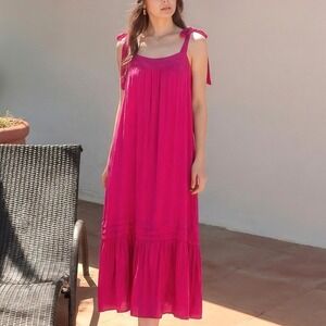 BOG Collective Dress Women L Fuchsia Pink Excellent Jacquard Leaf Tie Strap Midi